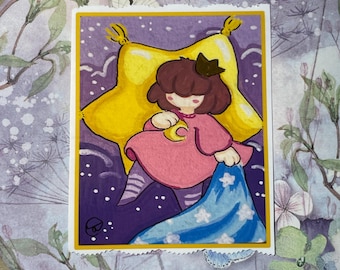 Dulce sueño / pegatina / calcomanía / ACEO / arte / diario / papelería / tarjeta coleccionable / rosa / amarillo / morado / estrellas