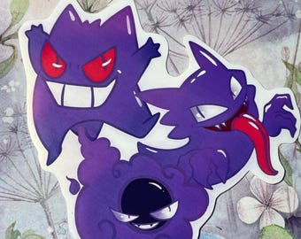 Trío fantasmal Ghastly Haunter y Gengar / Pokémon / PKMN / Arte / Pegatina / Calcomanía / Papelería / Rojo fuego / Verde hoja