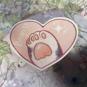 May include: A heart-shaped sticker with a cat paw design and the word "Beans!" above it. The paw is pink and white with purple detailing, set on a soft pink background with a sparkling star.
