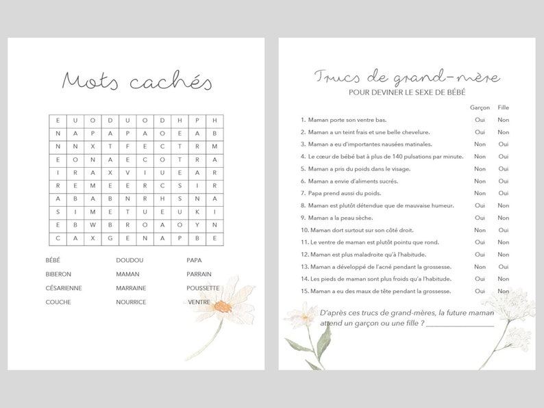 Jeux Baby Shower en Français à Imprimer, Thème Floral Marguerite et Tournesol, 15 Modèles Jeux Shower de Bébé, Téléchargement instantané image 2