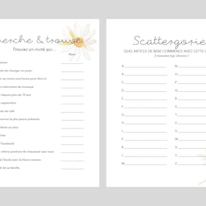May include: A printable baby shower game with two pages. The left page has a list of 14 questions to ask guests about the parents-to-be. The right page has a list of letters of the alphabet with lines to write down baby items that start with each letter. The pages are decorated with a daisy flower.