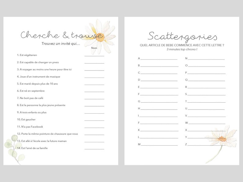 May include: A printable baby shower game with two pages. The left page has a list of 14 questions to ask guests about the parents-to-be. The right page has a list of letters of the alphabet with lines to write down baby items that start with each letter. The pages are decorated with a daisy flower.