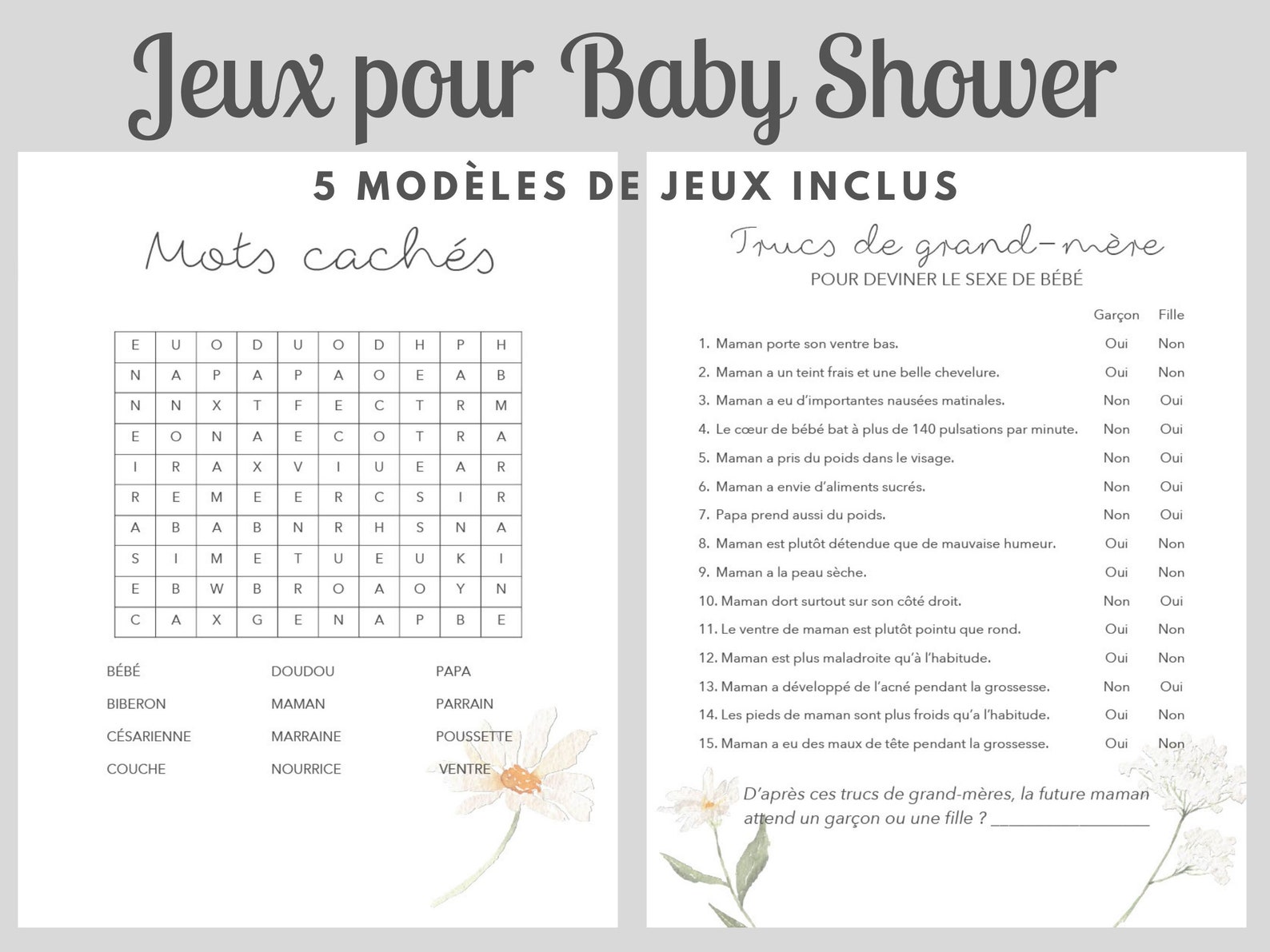Jeux Baby Shower En Français à Imprimer, Thème Floral Marguerite Et