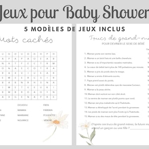 Jeux Baby Shower en Français à Imprimer、Theme Floral Marguerite et Tournesol、15 モデル Jeux Shower de Bébé、Téléchargement instantanee