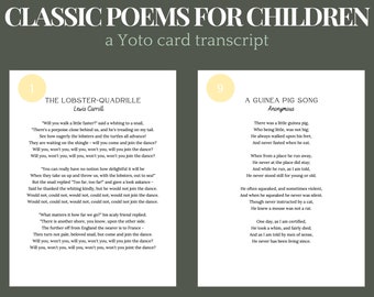 Classic Poems for Children Card for YOTO Audio Player Transcript Written out Poems Printable Document