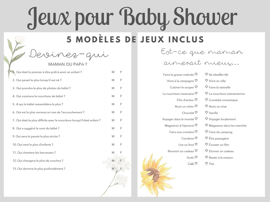 Jeux Baby Shower En Français à Imprimer, Thème Floral Marguerite Et
