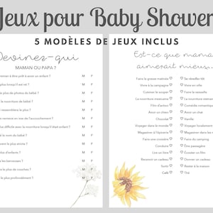 Jeux Baby Shower en Français à Imprimer、Theme Floral Marguerite et Tournesol、5 モデル Jeux Shower de Bébé、Téléchargement instantanee