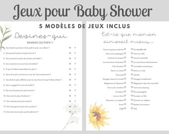 Jeux Baby Shower en Français à Imprimer, Thème Floral Marguerite et Tournesol, 5 Modèles Jeux Shower de Bébé, Téléchargement instantané