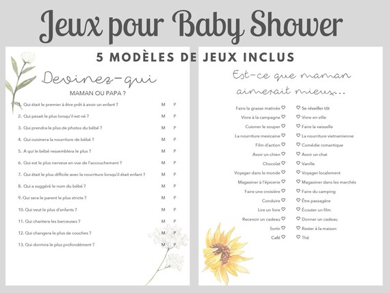 Jeux Baby Shower en Français à Imprimer, Thème Floral Marguerite et Tournesol, 5 Modèles Jeux Shower de Bébé, Téléchargement instantané