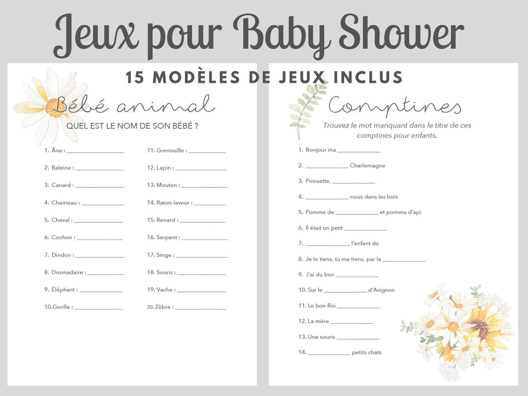 Jeux Baby Shower En Français à Imprimer, Thème Floral Marguerite Et