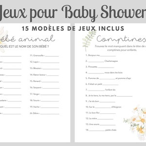 Jeux Baby Shower en Français à Imprimer, Thème Floral Marguerite et Tournesol, 15 Modèles Jeux Shower de Bébé, Téléchargement instantané