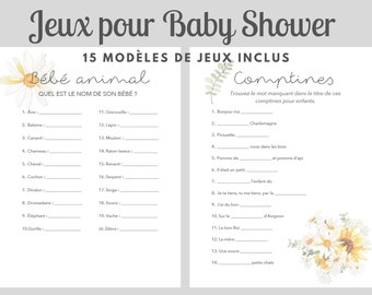 Jeux Baby Shower en Français à Imprimer, Thème Floral Marguerite et Tournesol, 15 Modèles Jeux Shower de Bébé, Téléchargement instantané