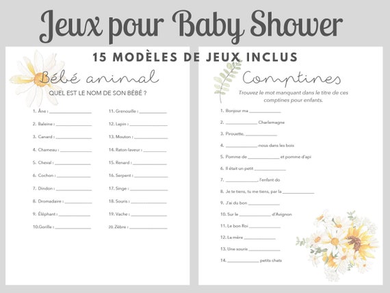 Jeux Baby Shower en Français à Imprimer, Thème Floral Marguerite et Tournesol, 15 Modèles Jeux Shower de Bébé, Téléchargement instantané