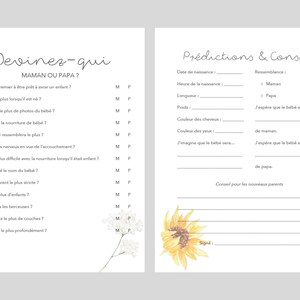 May include: A printable baby shower game in French, asking guests to guess who will be more likely to do certain things, like be the first to be ready for the baby, take more photos, or be more nervous about the birth. The game features a floral design with white flowers and green leaves.