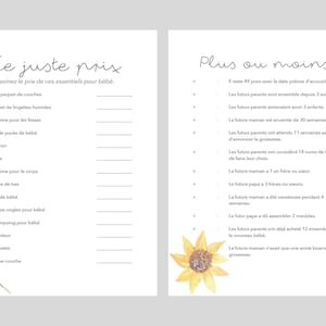 May include: Two printable baby shower game cards with instructions in French. The first card is titled "Le Juste Prix" and asks players to guess the price of baby essentials. The second card is titled "Plus ou Moins?" and asks players to guess if the answer to various questions about the parents-to-be is more or less than a given number.