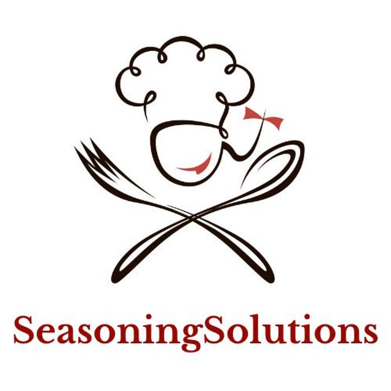 May include: A black and white illustration of a chef with a chef's hat, holding a fork and spoon crossed in front of them. The text "Seasoning Solutions" is below the illustration.