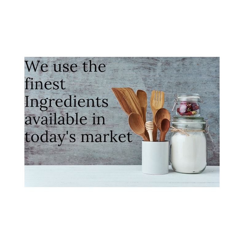 May include: We use the finest ingredients available in today's market. A white ceramic jar filled with wooden spoons and spatulas, a glass jar with white powder, and a smaller glass jar with dried red berries.