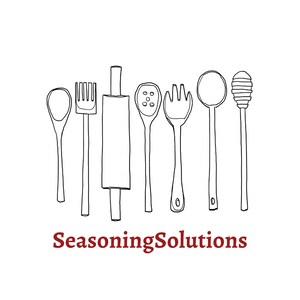 May include: A black and white line drawing of seven kitchen utensils, including a rolling pin, a slotted spoon, a fork, a spoon, a whisk, and a honey dipper. The text "Seasoning Solutions" is written below the utensils.