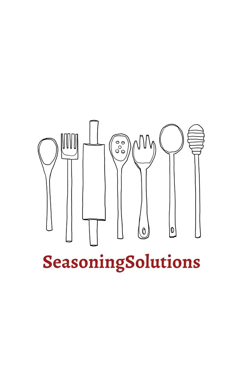 May include: A black and white line drawing of seven kitchen utensils, including a rolling pin, a slotted spoon, a fork, a spoon, a whisk, and a honey dipper. The text "Seasoning Solutions" is written below the utensils.
