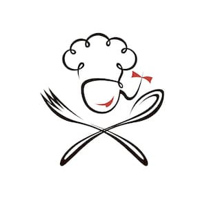 May include: A black and white line drawing of a chef with a toque, smiling, and holding a spoon and fork crossed in front of them.