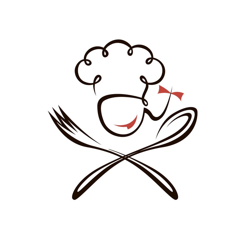 May include: A black and white line drawing of a chef with a toque, smiling, and holding a spoon and fork crossed in front of them.