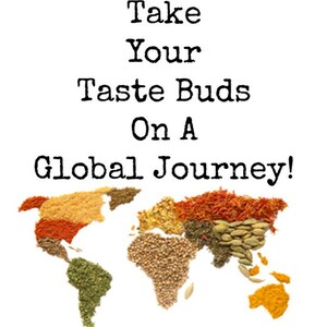 Peut inclure: Une carte du monde faite de diff&eacute;rentes &eacute;pices, avec le texte "Take Your Taste Buds On A Global Journey!" au-dessus.