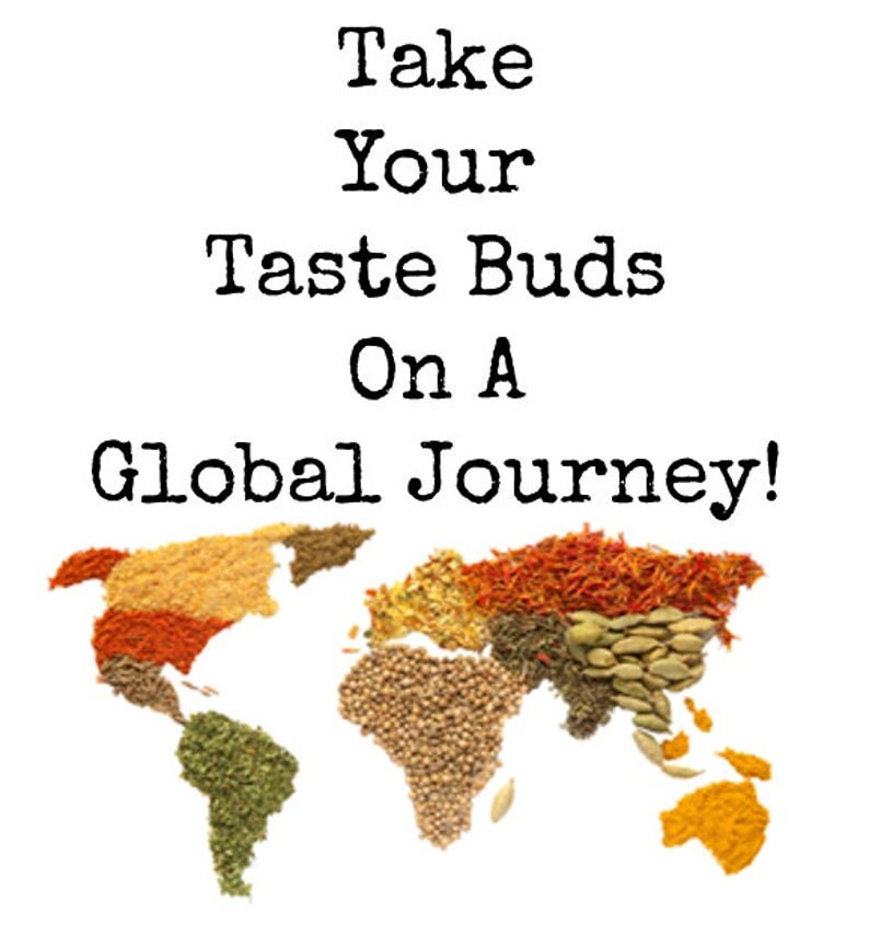 Peut inclure: Une carte du monde faite de diff&eacute;rentes &eacute;pices, avec le texte "Take Your Taste Buds On A Global Journey!" au-dessus.