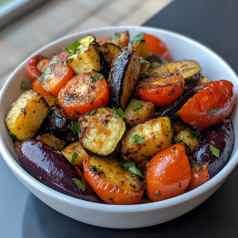 May include: A white bowl filled with roasted vegetables, including eggplant, zucchini, potatoes, and tomatoes. The vegetables are seasoned with herbs and spices.