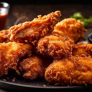 May include: A plate of crispy golden brown chicken tenders, piled high and ready to eat. The chicken is served with a side of red dipping sauce.