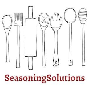 May include: A set of seven black and white line drawings of kitchen utensils, including a rolling pin, a slotted spoon, a fork, a spoon, a whisk, a ladle, and a honey dipper. The text "Seasoning Solutions" is written below the utensils in red.