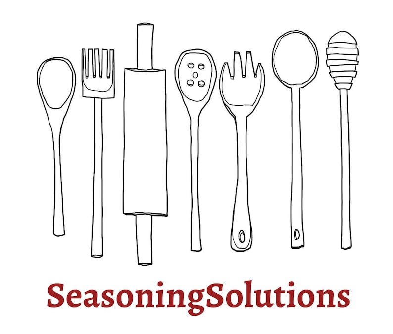 May include: A set of seven black and white line drawings of kitchen utensils, including a rolling pin, a slotted spoon, a fork, a spoon, a whisk, a ladle, and a honey dipper. The text "Seasoning Solutions" is written below the utensils in red.