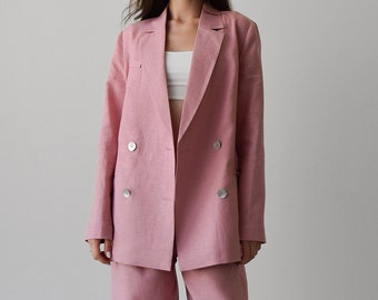 Oversized pink linen blazer for women, Pink linen jacket, Double breasted jacket for summer, Loose casual Jacket