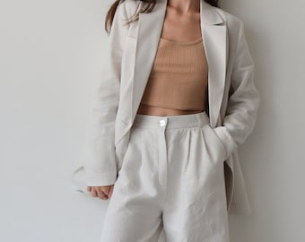 Linen Beige Blazer and trousers, Casual womens suit, Double Breasted Jacket for Summer, Linen palazzo pants