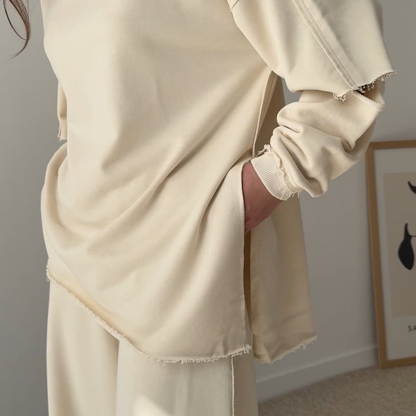 Women Light beige Sweatshirt and palazzo pants, Baggy Plain longsleeve Sweater, Palazzo joggers, Comfy Top