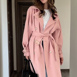 Pink trench coat for women, Relaxed trench coat with belt, Pink long cotton coat, Oversize classic trench coat for fall and spring