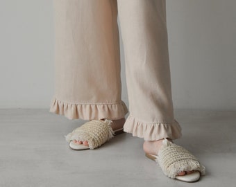 Linen pants for women, High rise ruffle trousers, High waist wide leg linen pants, Linen palazzo pants