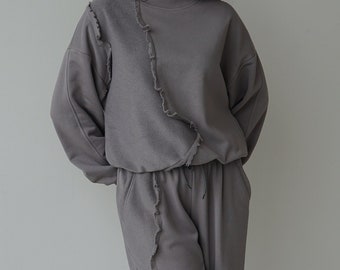 Oversized custom sweatshirt and sweatpants gray set, oversized jogger and longsleev suit, cozy casual suit