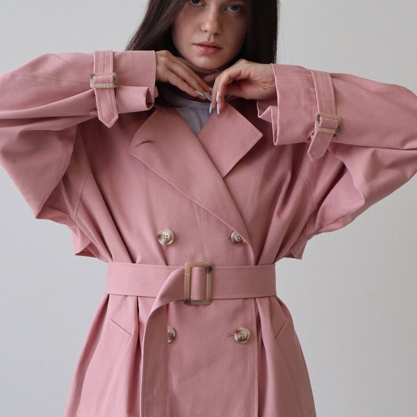 Pink trench coat for women, Relaxed trench coat with belt, Pink long cotton coat, Oversize classic trench coat for fall and spring
