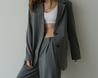 Gray oversized blazer and pants for women, Men's style jacket, Womens suit, Gray street style jacket and pants, Loose fit casual suit