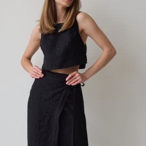 Linen Wrap Skirt and linen crop top, Black Linen Skirt, Wrap Skirt for Women, Maxi Wrap Skirt, Boho Skirt, Womens linen suit image 1