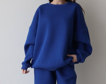 Oversized long sweatshirt and sweatpants blue warm set, oversize fleece jogger and longsleev suit, cozy winter suit