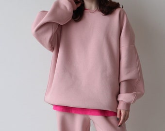 Warm pink sweatshirt for women, Long oversized sweatshirt, Blank oversize longsleeve, Loose winter crewneck