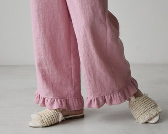 Linen pants for women, High rise ruffle trousers, High waist wide leg linen pants, Linen palazzo pants