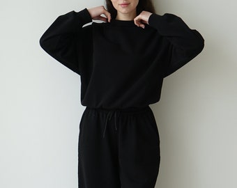 Oversized sweatshirt and sweatpants black set, oversized jogger and longsleev suit, cozy casual suit