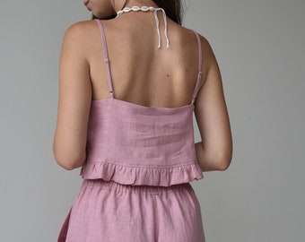 Womens Pink Linen Crop Top, Summer Sleeveless Ruffle Top, Women's Summer Crop Top