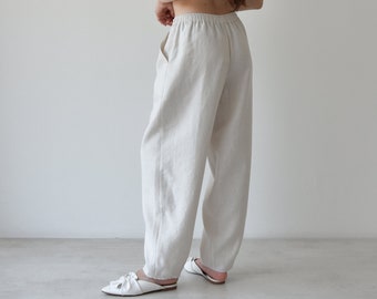 Linen pants for women, Linen wide leg white Pants, Trousers summer for capsule wardrobe, Beige linen pants, Harem beach pants