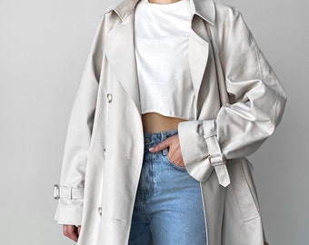Beige trench coat for women, Relaxed trench coat with belt, Long cotton coat, Oversize classic trench coat for fall and spring