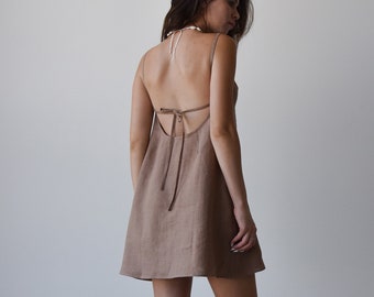 Linen slip dress, Summer mini dress for women, Open back linen dress, Sleeveless strappy dress, Brown dress, Low back strap dress, Sundress