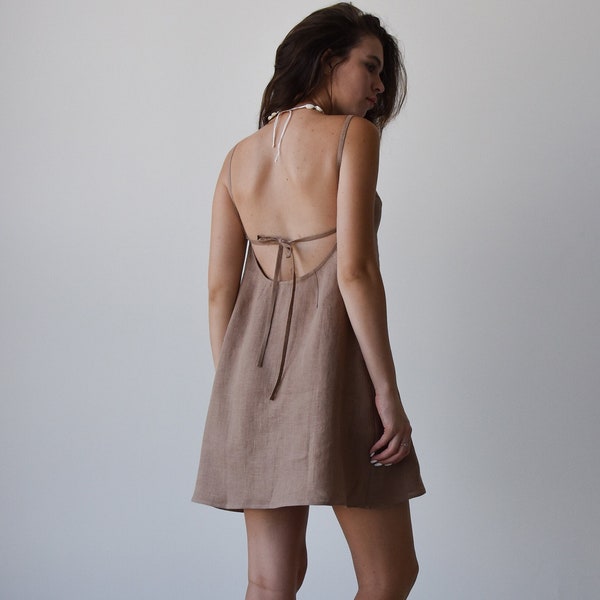 Linen slip dress, Summer mini dress for women, Open back linen dress, Sleeveless strappy dress, Brown dress, Low back strap dress, Sundress