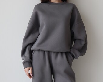 Oversized sweatshirt and sweatpants gray warm set, oversized fleece jogger and longsleev suit, cozy winter suit